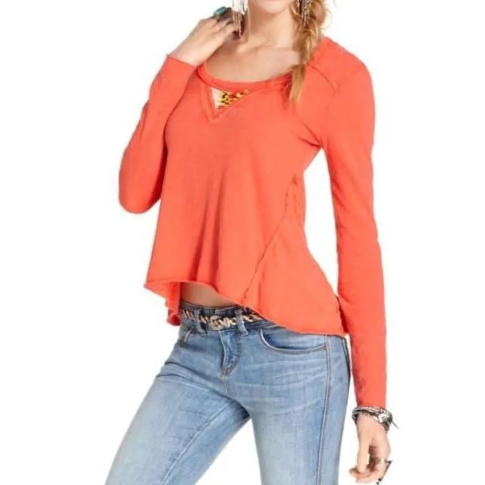 FP | Coral Tribal Beaded Neck Detail Fit & Flare Top Boho Long Sleeve Shirt